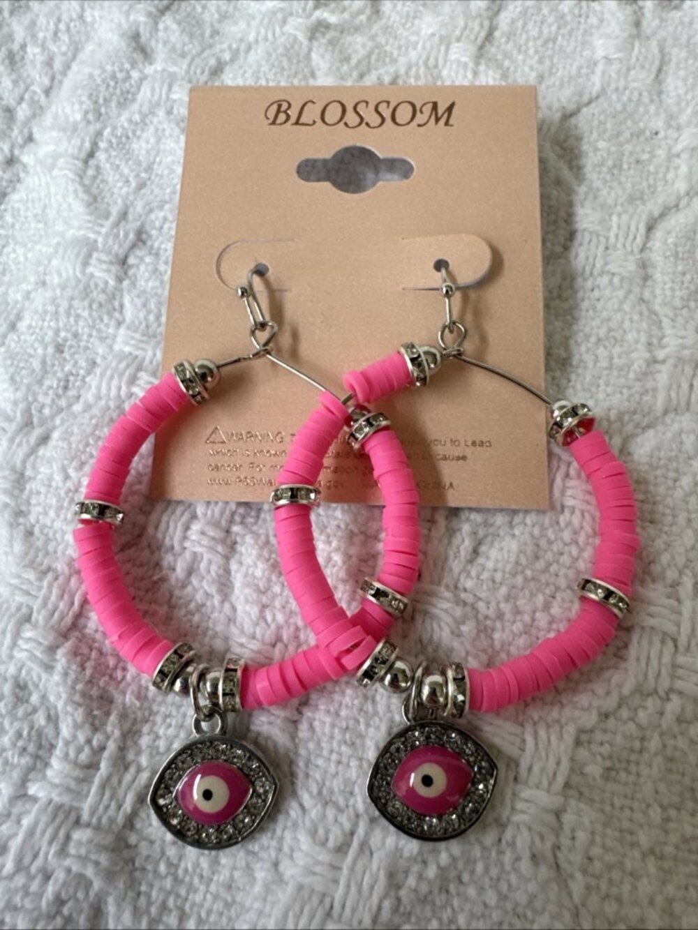 Blossom Pink Silvertone Beaded Rhinestone Evil Eye Earrings Dangle Hoops 2" NEW